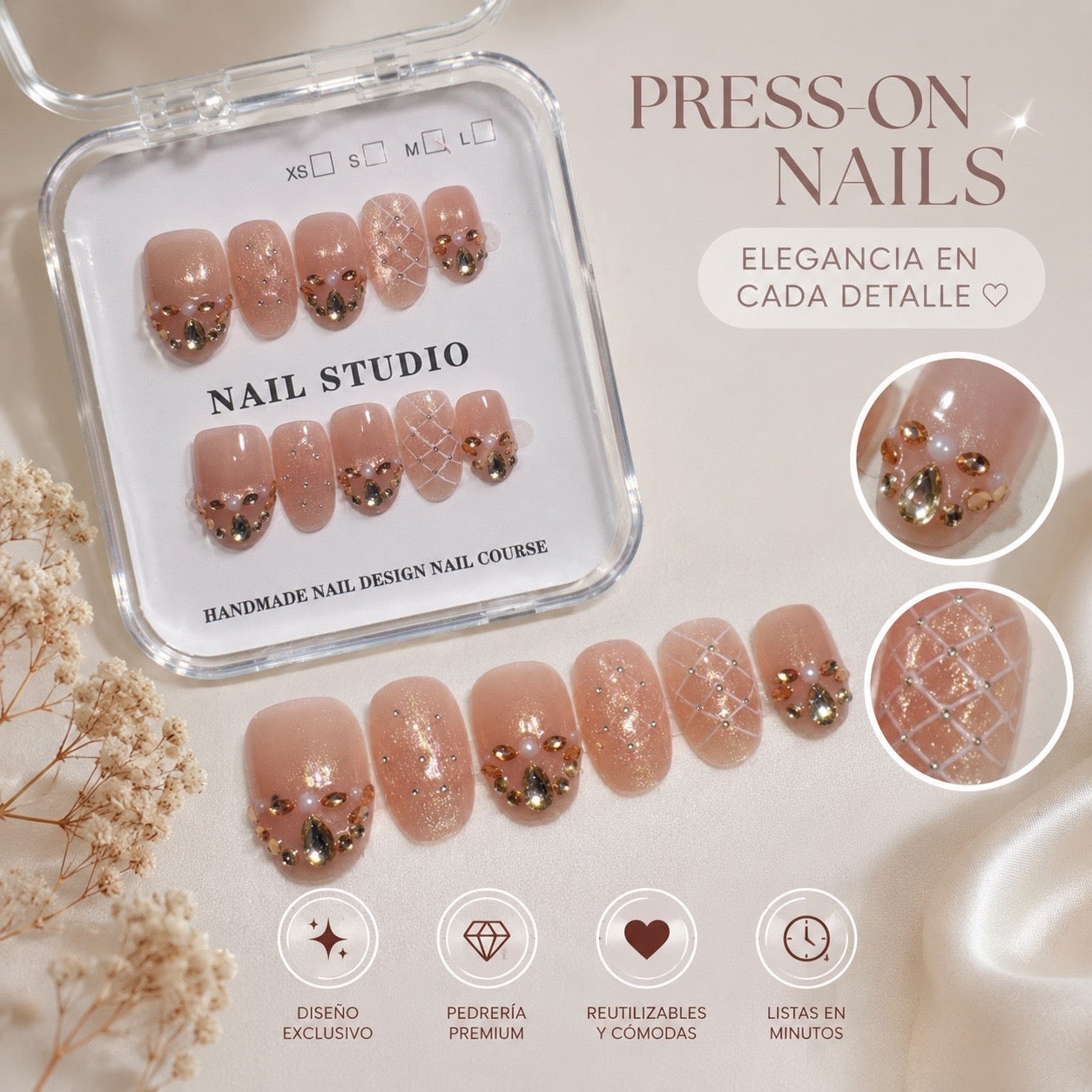 Uñas press on hechas a mano reutilizables