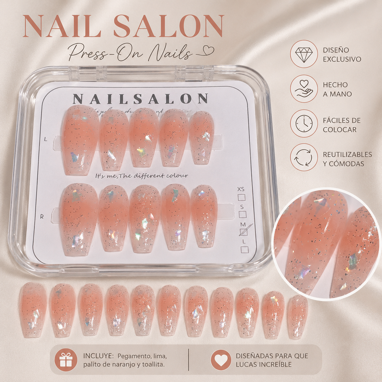 Uñas press on nude con destellos- reutilizables✨